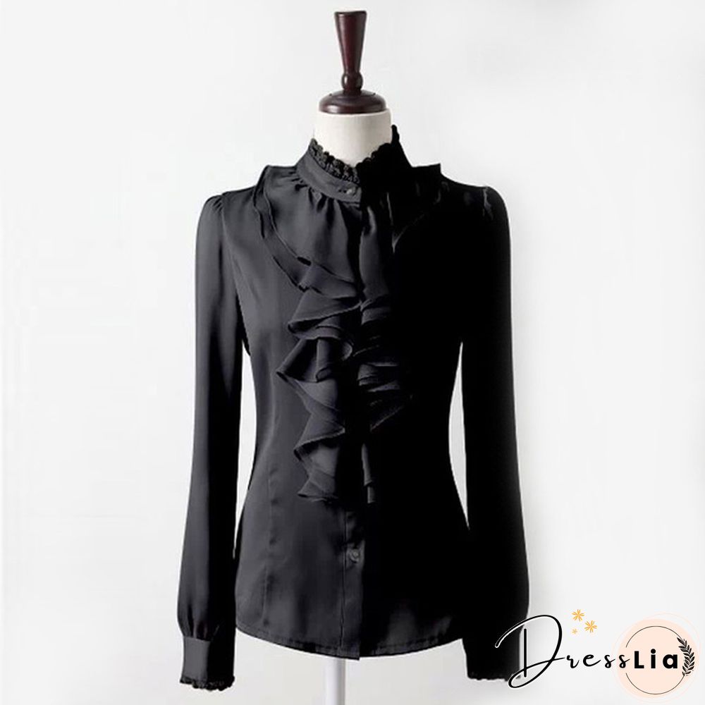 Womens Satin Silk-like Long Sleeve Office Slim Shirt Frill Drape Ruffle Trim Stand Collar Blouse Top