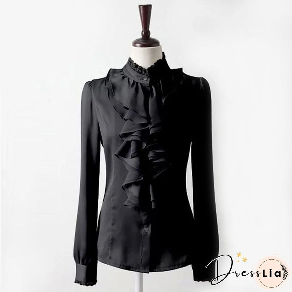 Womens Satin Silk-like Long Sleeve Office Slim Shirt Frill Drape Ruffle Trim Stand Collar Blouse Top