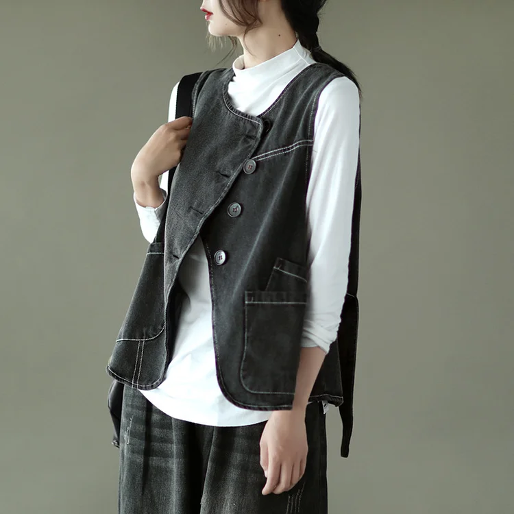 Classic Splicing Square Collar Denim Vest