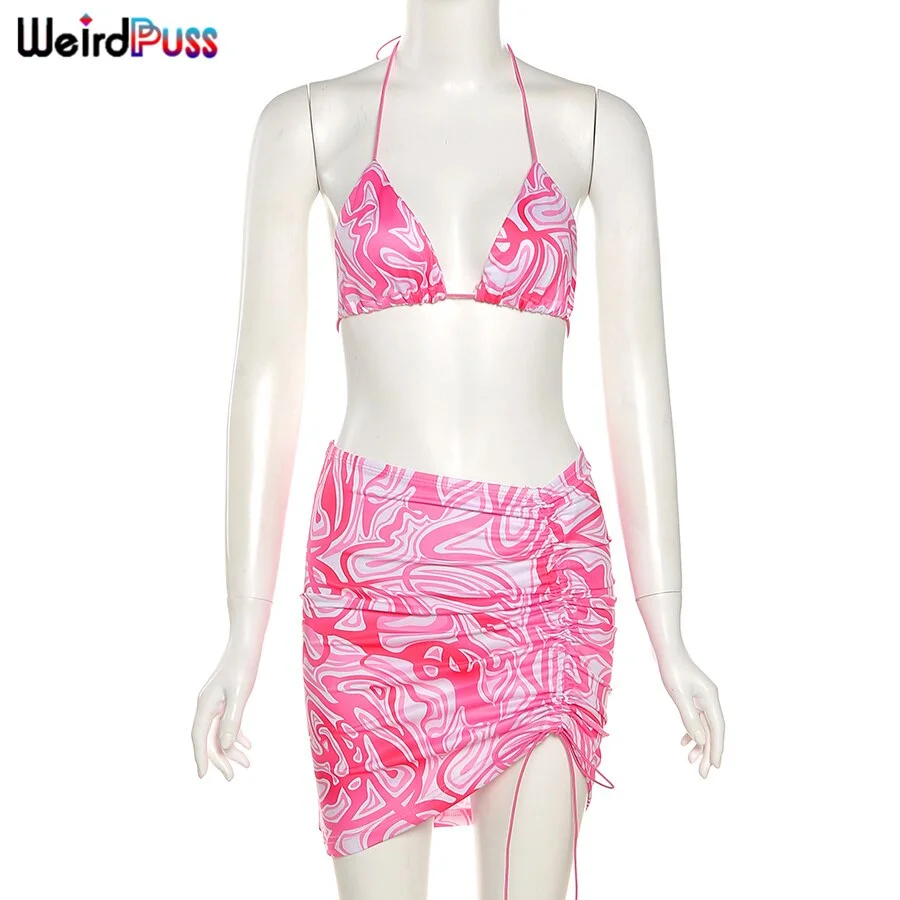 Weird Puss Sexy Beach Style Women 2 Piece Set Lace Up Tank Tops+Mini Skirts Bandage Matching Summer Party Prom Vacation Outfits