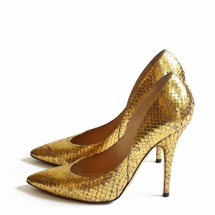 Gold Python Stiletto Heels Pointy Toe Pumps |FSJ Shoes