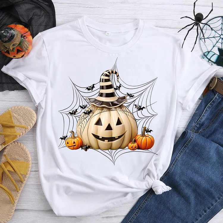 Halloween Pumpkin Spider Web Round Neck T-shirt-0019570