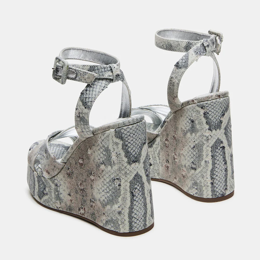 YDN Grey Python Print Open Toe Platform Wedge Sandals for Women