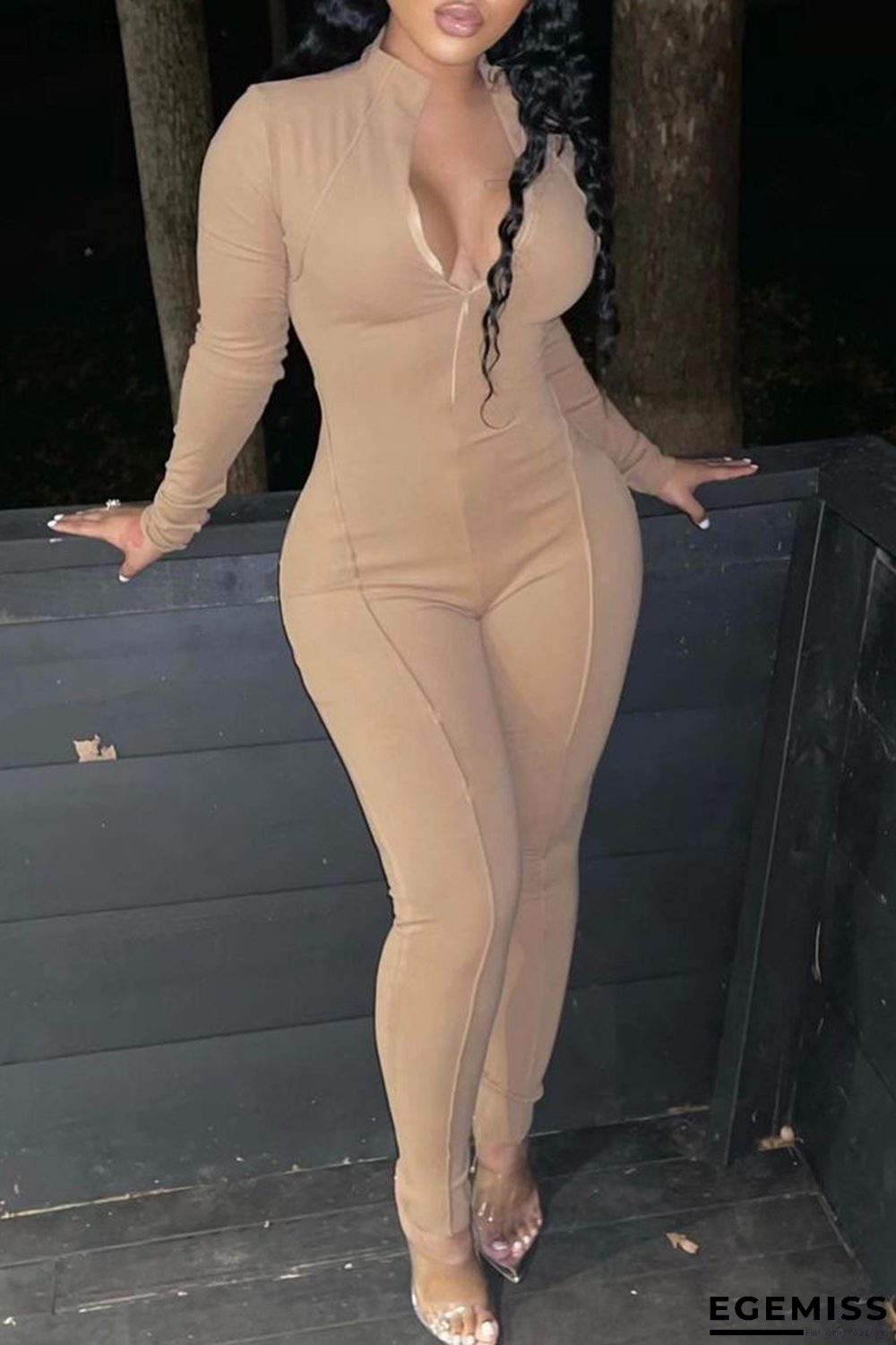 Khaki Sexy Solid Patchwork Zipper Collar Skinny Jumpsuits | EGEMISS