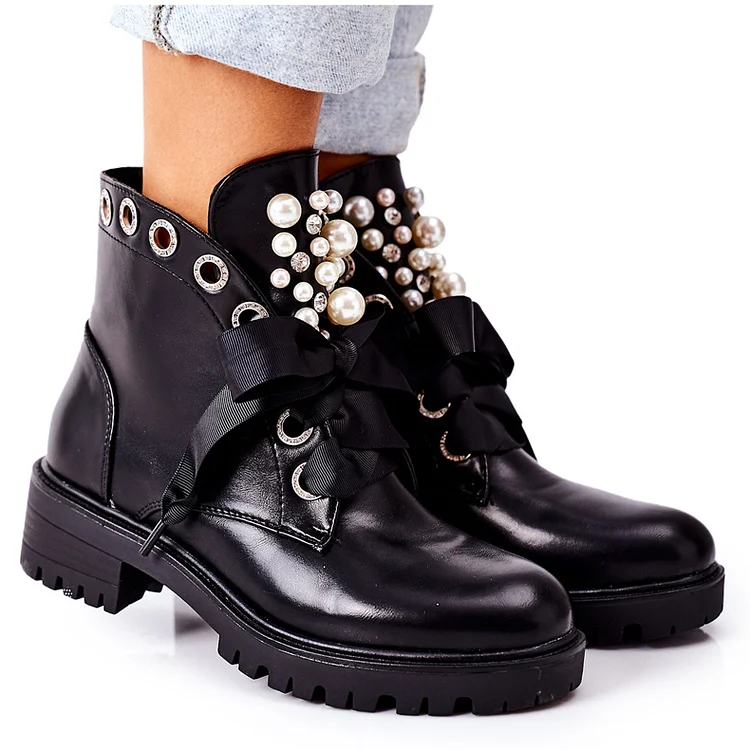 Lacing Pearl Ankle Boots  Stunahome.com