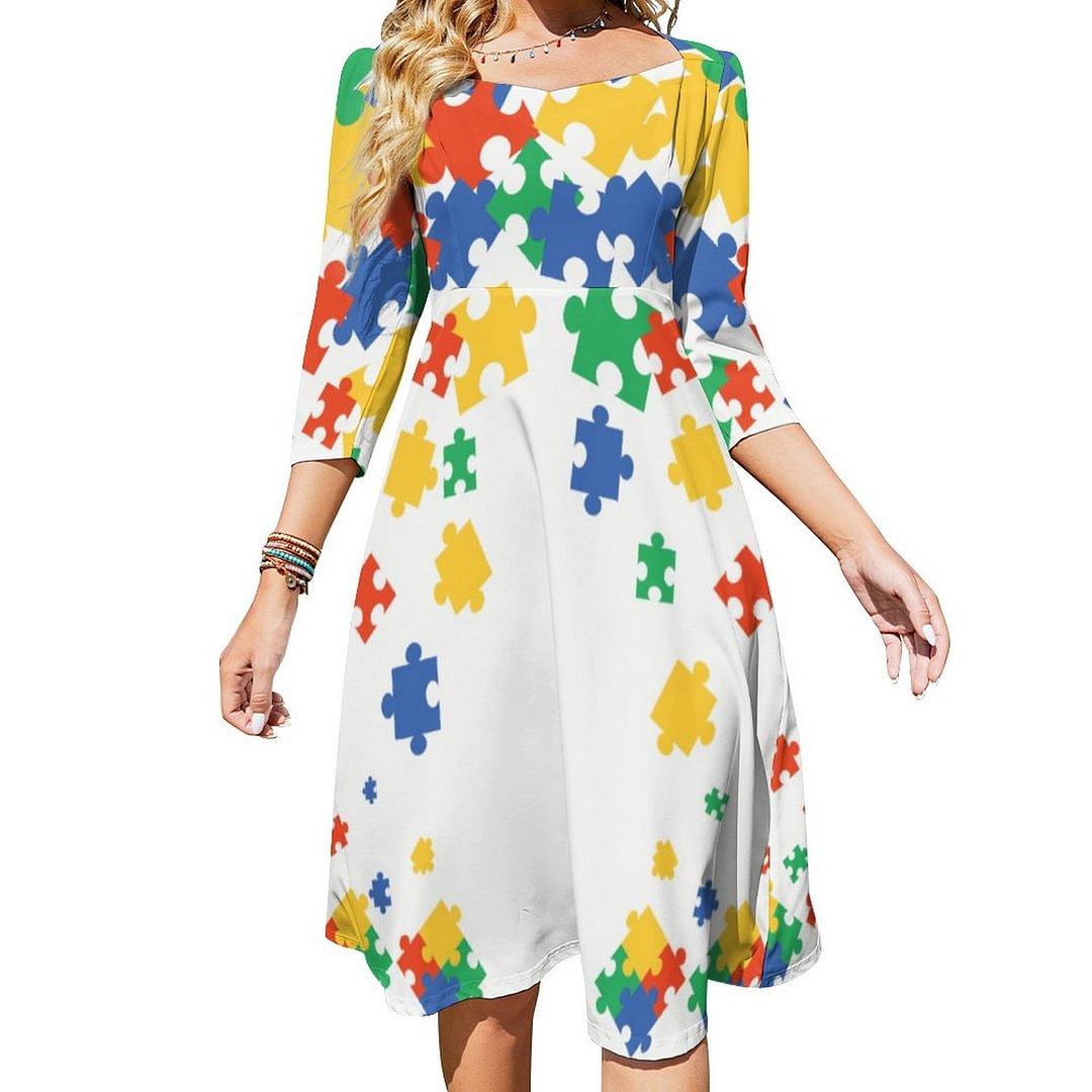 Autism Awareness Colorful Puzzle Pieces Dress Sweetheart Tie Back Flared 3/4 Sleeve Midi Dresses