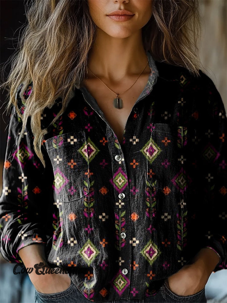 Women’s Vintage Ethnic Flower Print Casual Long Sleeve Comfortable Cotton Shirt Multicolor / S