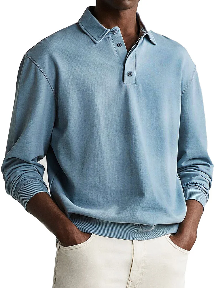 Men's Retro Distressed Comfortable Long Sleeve Lapel Polo Shirt