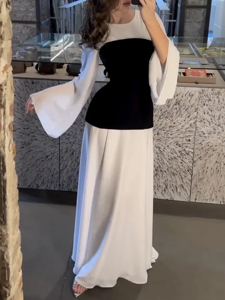 Abebey-Graduation gift, graduation evening dress Flared Sleeves Contrast Color Round-Neck Maxi Dresses