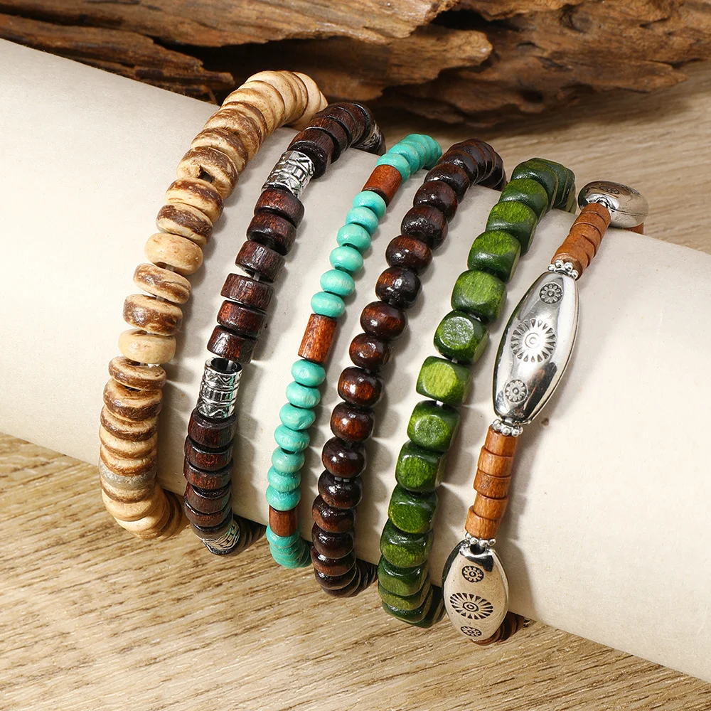 Men's Vintage Alloy Multi-layer Wooden Bead Bracelet-inspireuse