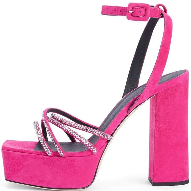 Hot Pink Vegan Suede Rhinestone Strappy Heels Party Platform Sandals |FSJ Shoes