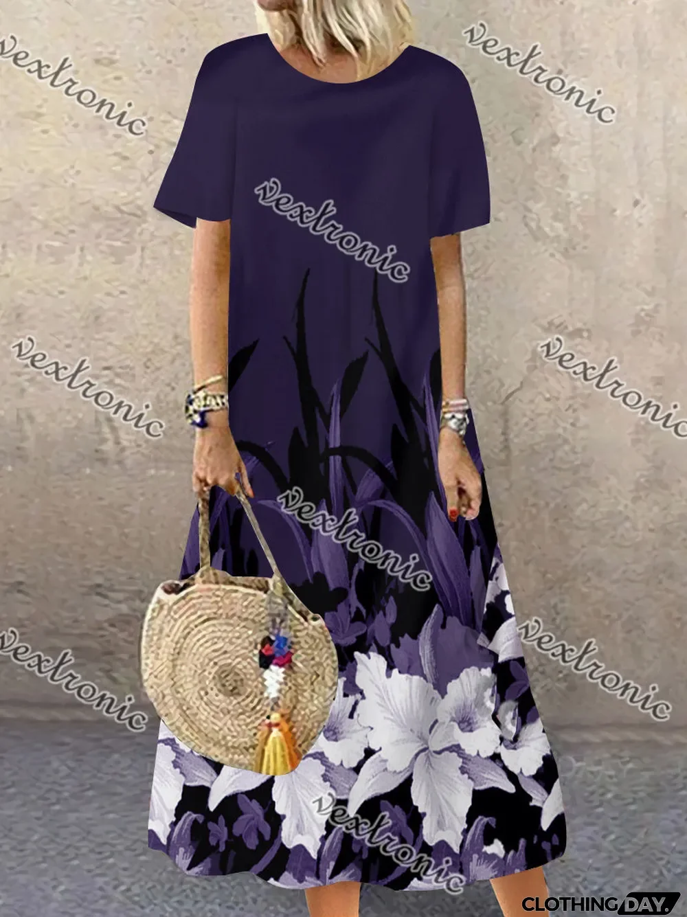 Women's Short Sleeve Scoop Neck Floral Printed Midi Dress With Pockets