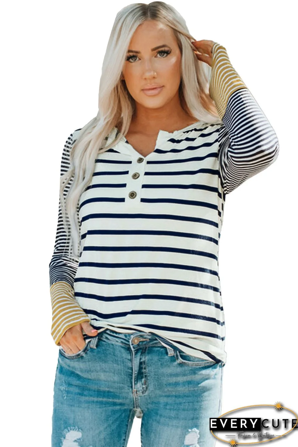 Long Sleeve Stripe Button Henley Top