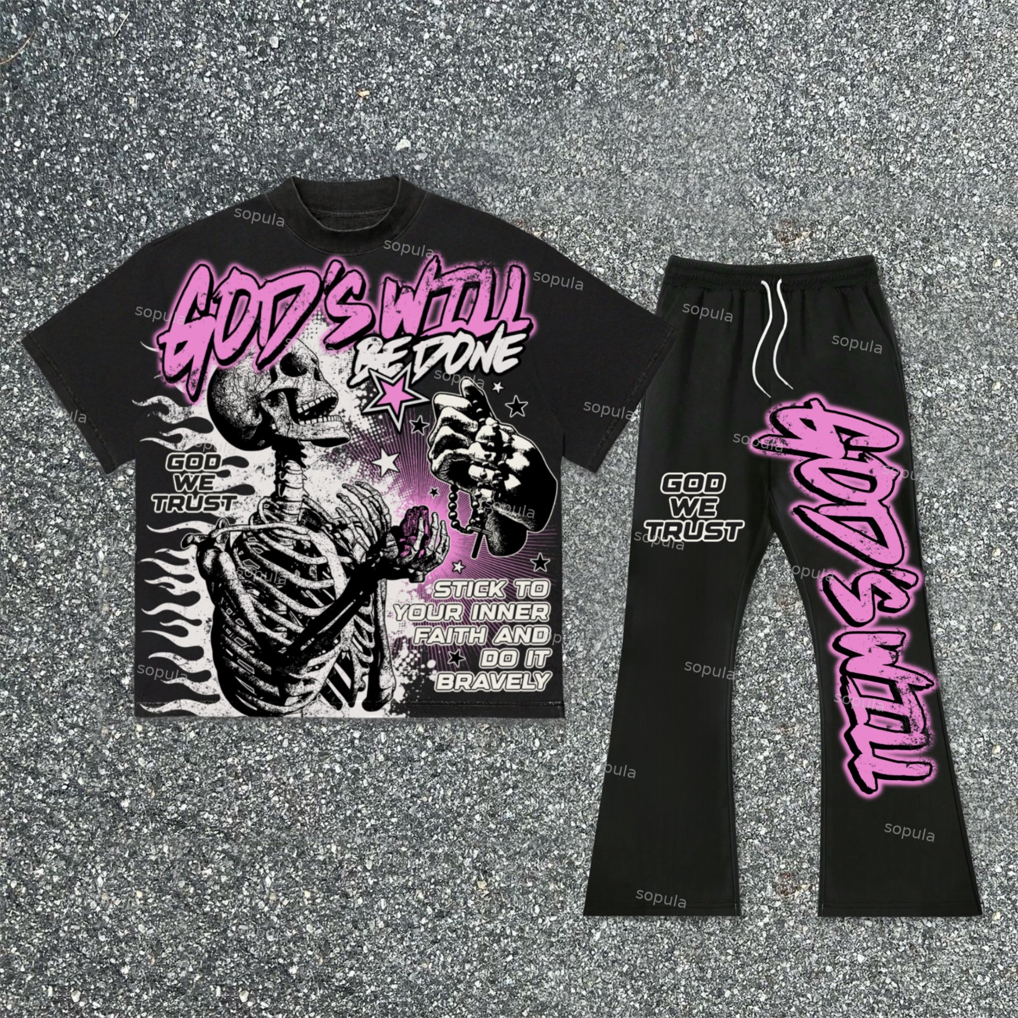 Sopula God's Will Flame Skull's Faith Vintage Graphic T-Shirt & Trousers Two Piece Set - SOPULA