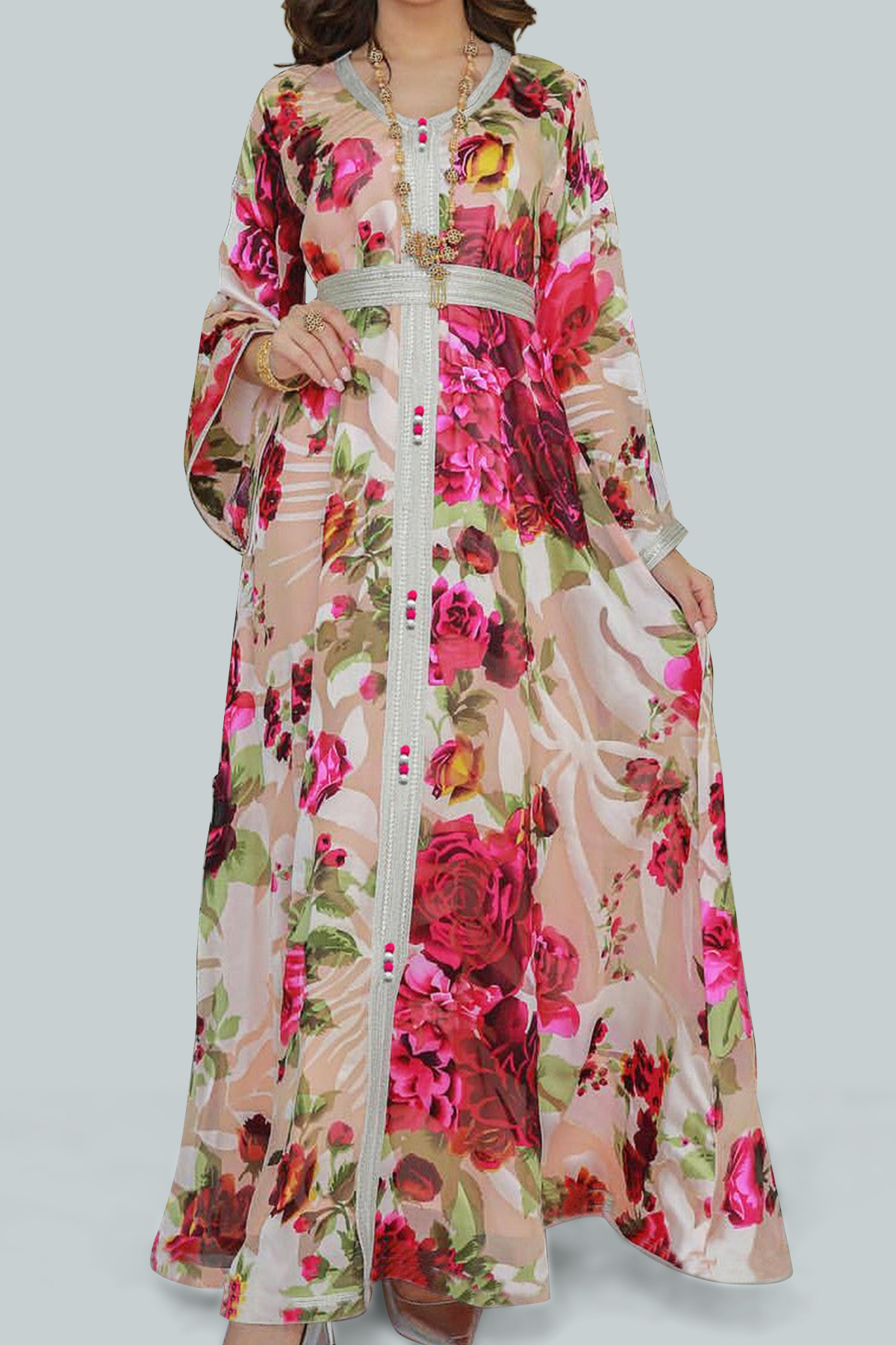 Bright Silk Diamond Lantern Sleeve Maxi Dress