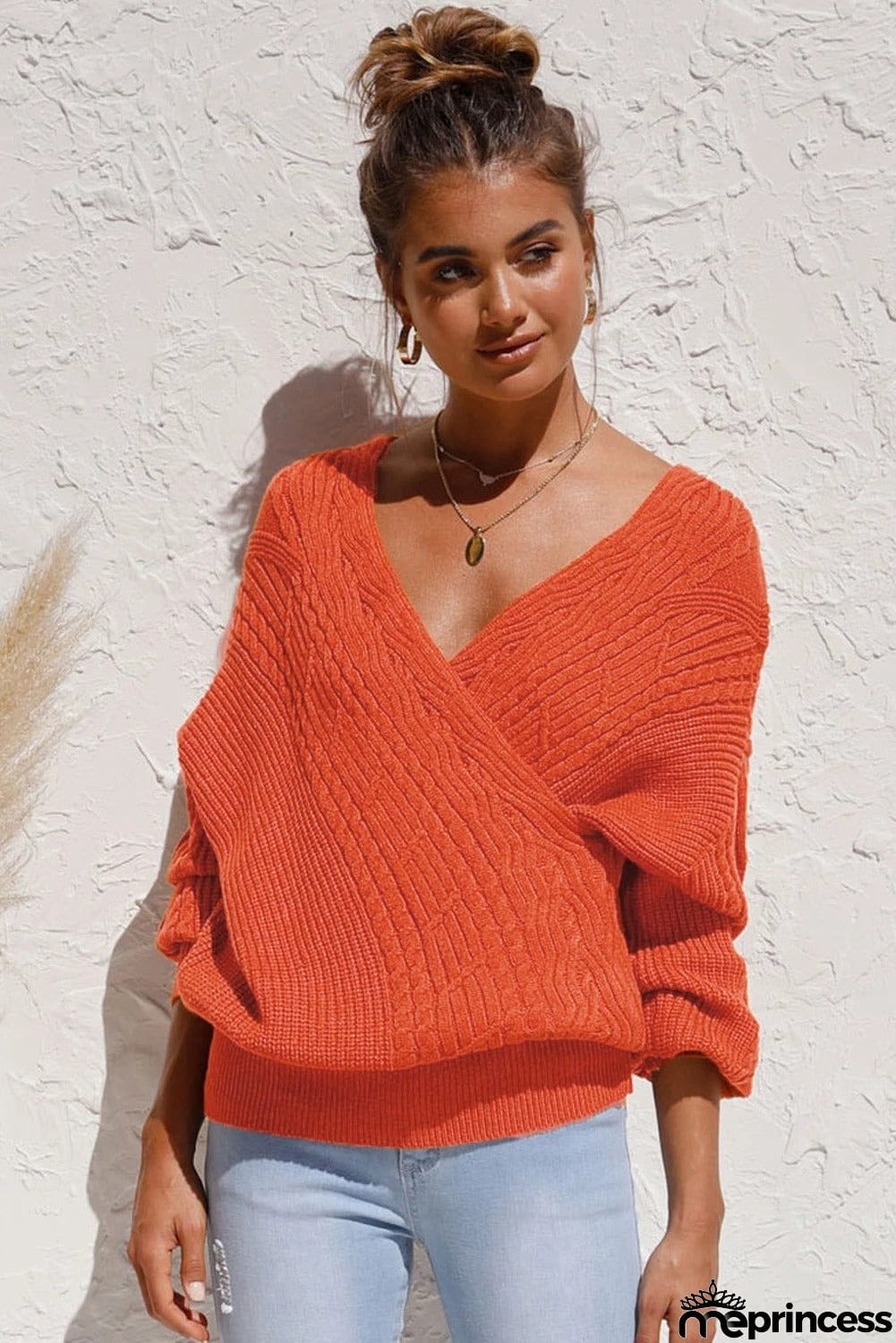 Beige Wrap V Neck Lantern Sleeve Textured Sweater