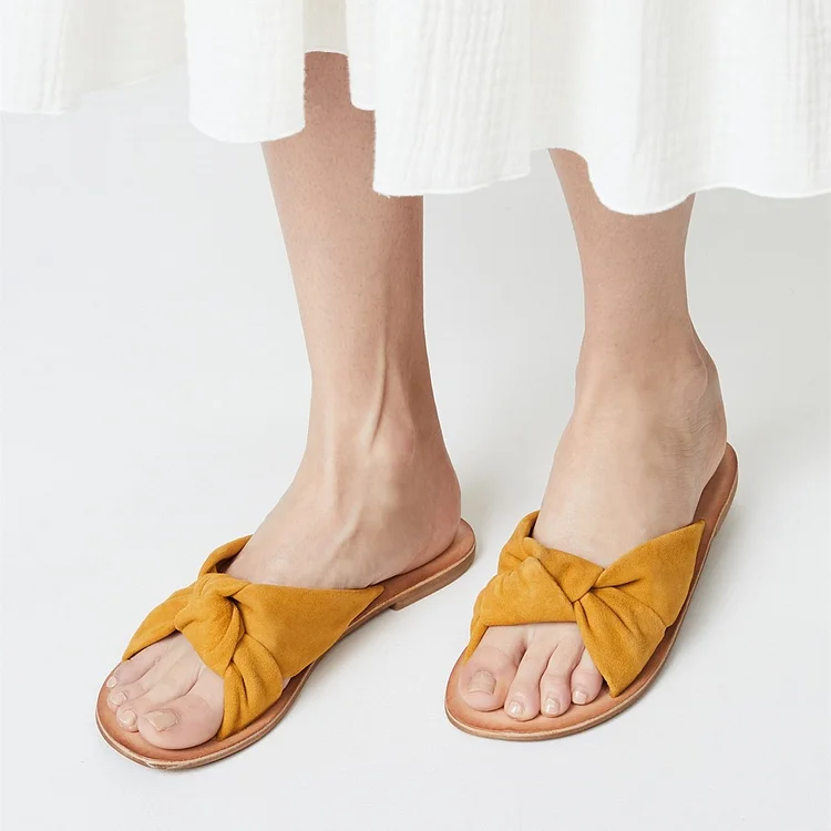 Mustard Vegan Suede Women's Slide Sandals Open Toe Summer Flat Bow Sandals |FSJ Shoes