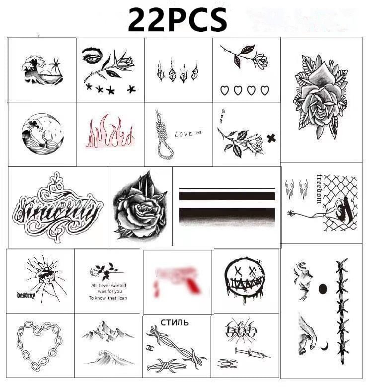 22 Sheets Waterproof Temporary Body Stickers Rose Flame Mountain Black Faux Tatouage for Men Women Tatouage Tempor