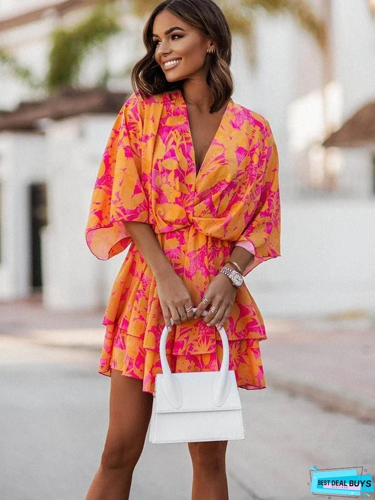 Elegant Office Dress For Wome's Casual Bat Sleeve Flowers Print Bohemian Beach Vacation Sundress Women Summer Ruffl Mini Dresses