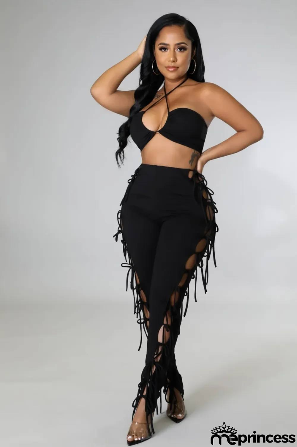 Women Summer Black Casual Strapless Sleeveless High Waist Solid Lace Up Regular Two Piece Pants Set