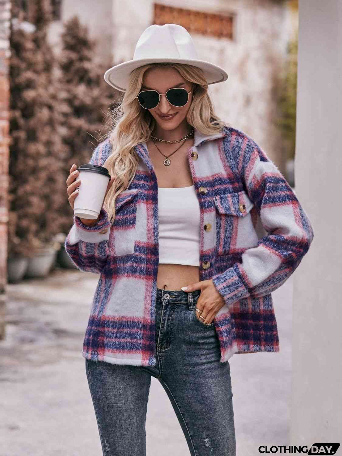 Plaid Dropped Shoulder Collared Jacket