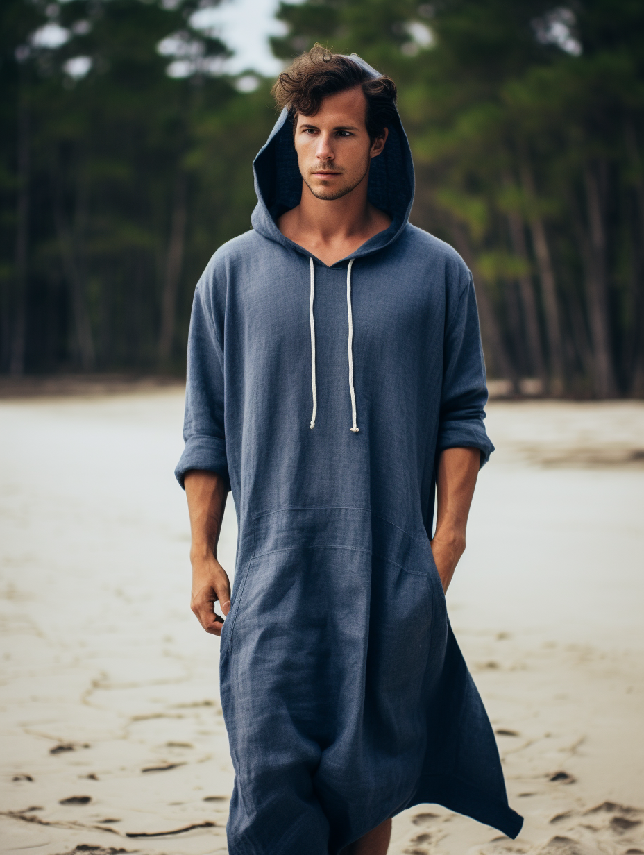 Blue Men Linen Hoodie Kaftan Solid Long Caftan