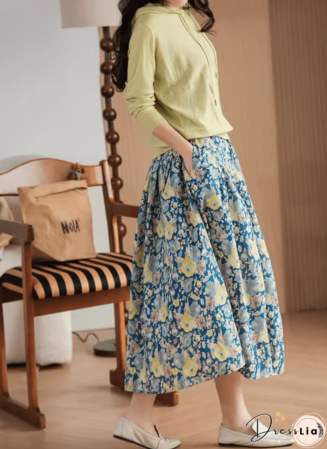 Gold Flower Printed Summer Linen Skirt