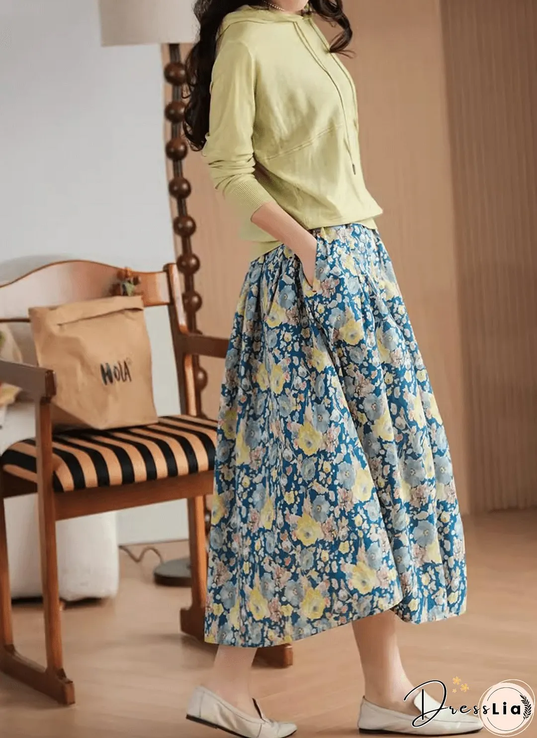 Gold Flower Printed Summer Linen Skirt