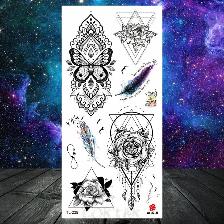 Owl Moth Jewelry Temporary Tattoo For Women Men Mandala Henna Flower Tattoo Mehndi Fake Pendants Geometric Tatoo Chest Back Lace