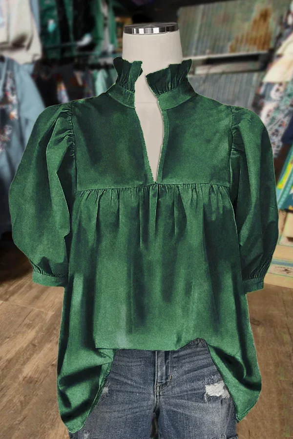 Solid V-Neck Puff Sleeve Velvet Top