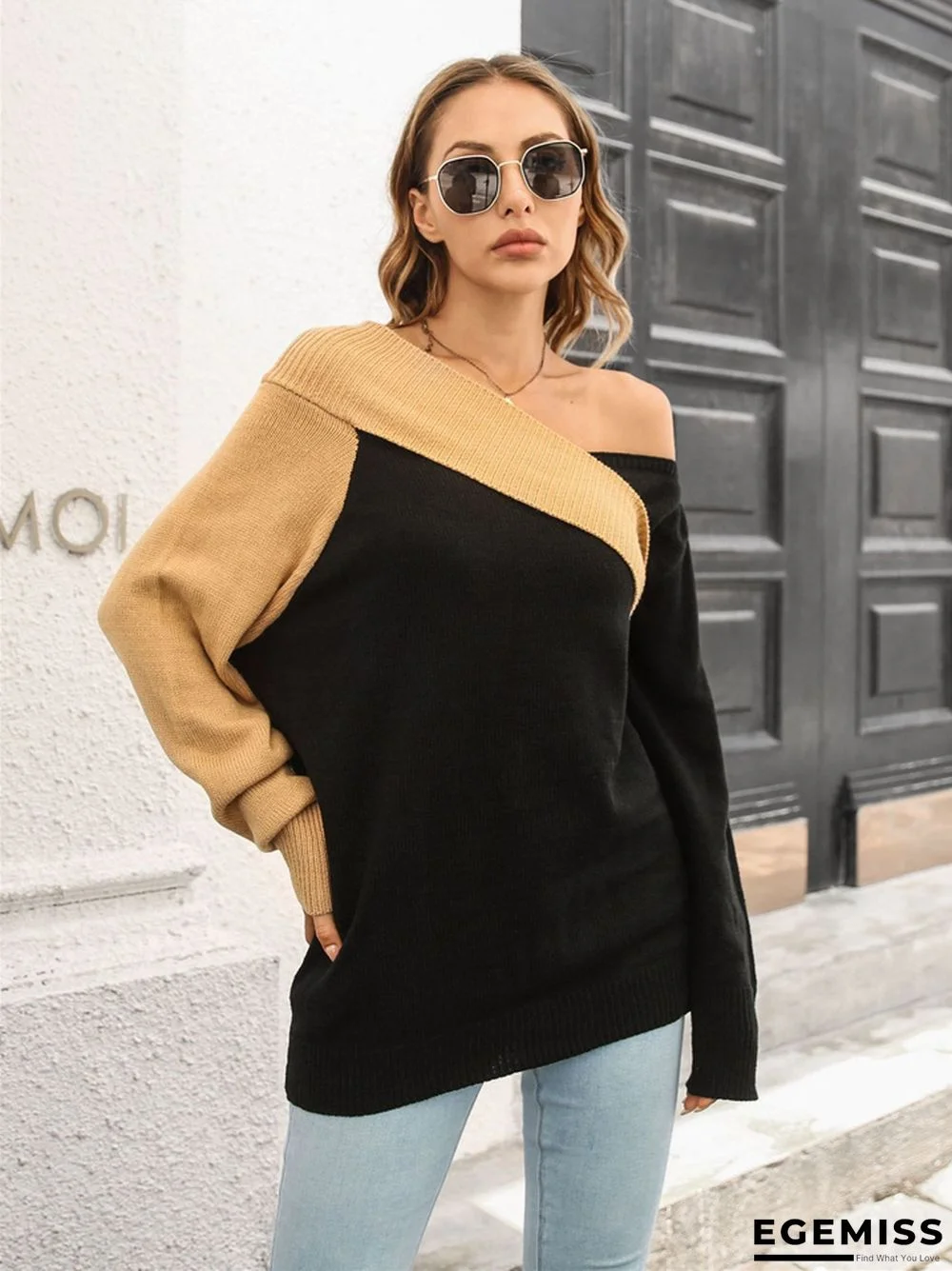 Design Sense of A Word Neck Loose Long Sleeve Knit Sweater | EGEMISS