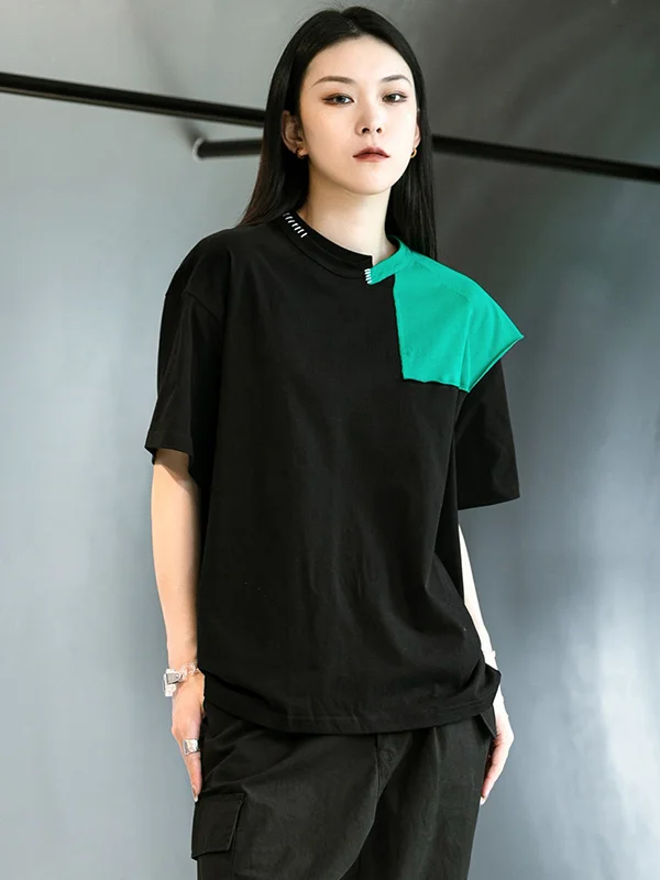 Original Split-Joint Asymmetric Contrast Color T-Shirt