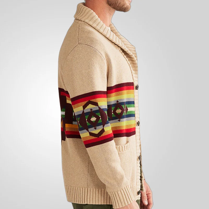 Nigikala Men's Autumn And Winter New Striped Braided Sweater Collar Plus Thick Coat SY0202