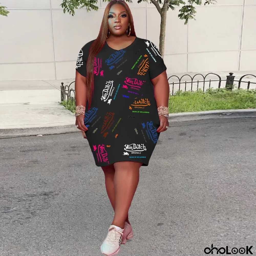 Plus Size Casual Letter Print Short Sleeve Midi Dress