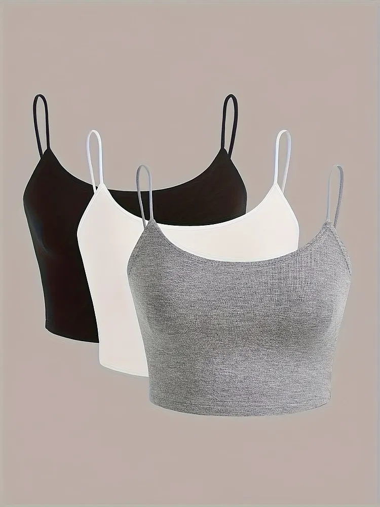 3pcs Stretchy Camisole Tops High Elasticity Thin Strap Semi-Sheer BlackWhiteGrey