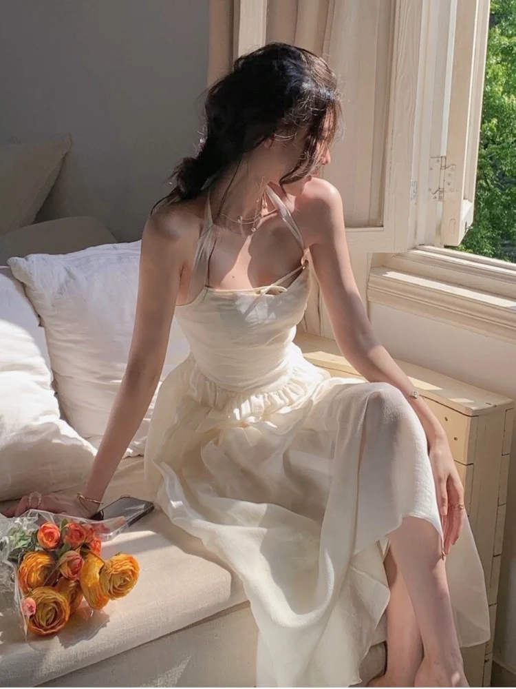 Nigikala Fashion Halter Fairy Graduation Dresses Summer Woman Korean Solid A-Line Birthday Evering Party Vestidos Female Clothes