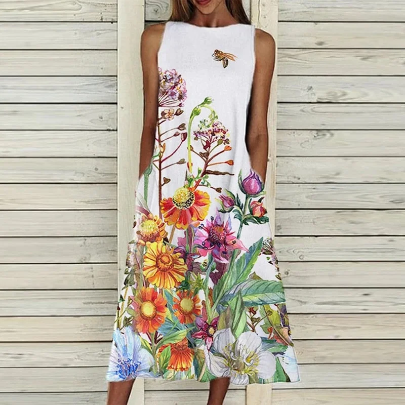 Dress 2022 O Neck Flower Print Summer Dresses For Women Fashion Pocket Sleeveless Dress Female Casual Loose Party Dress