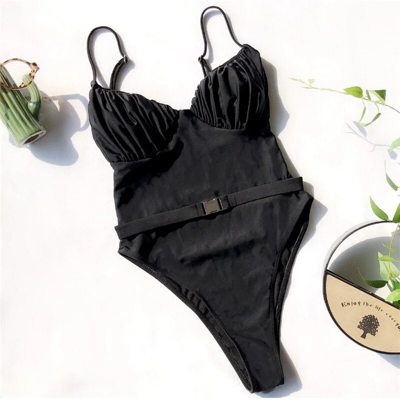 GNIM One-Piece Solid Swimsuit Women Push Up Bikini Swimwear 2019 Sexy Summer Beachwear Bathing Suit Female Bodysuit With Belt