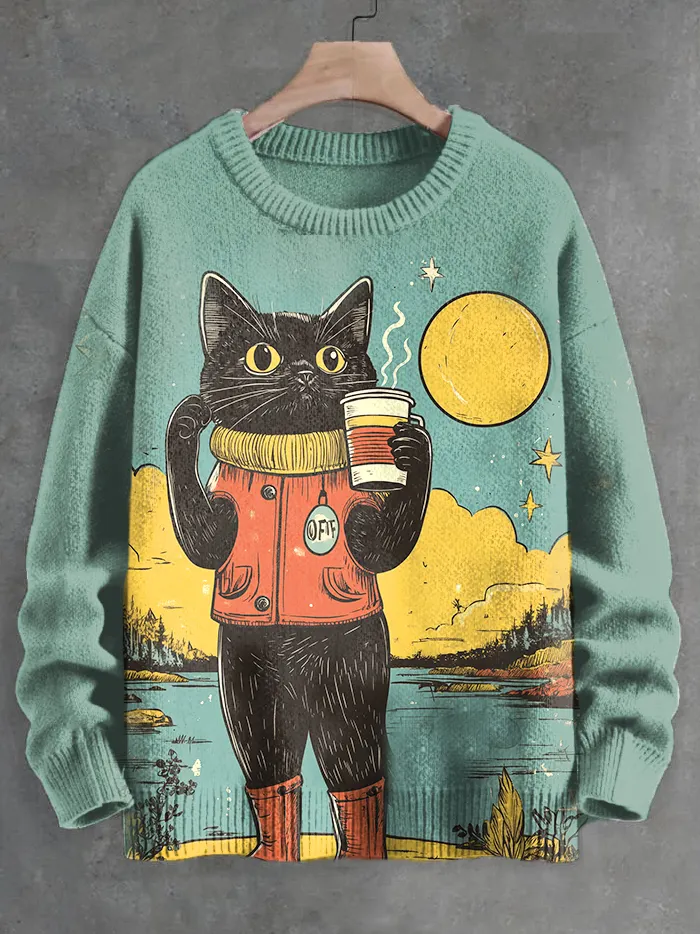 Men's Black Cat Cafe Nostalgic Natural Art Knit Sweatshirt