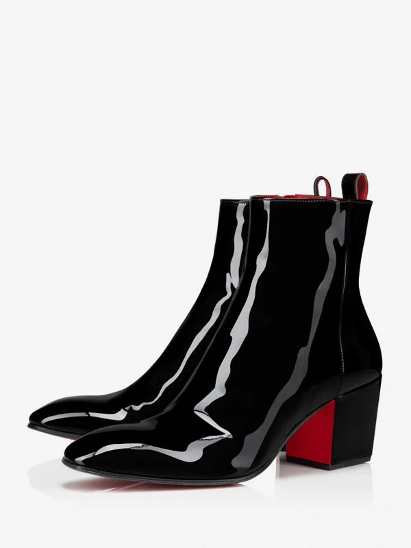 Men's Chunky Boots Chelsea Ankle Boots Black Patent Leather Round Toe Party Prom Boots Novameme