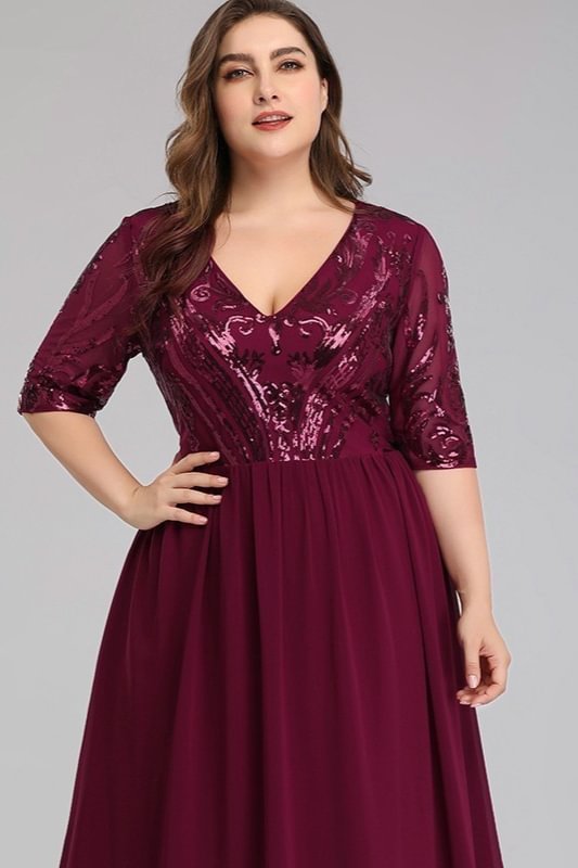 Burgundy V-Neck Sequins Plus Size Prom Dress Long With Short Sleeves Online