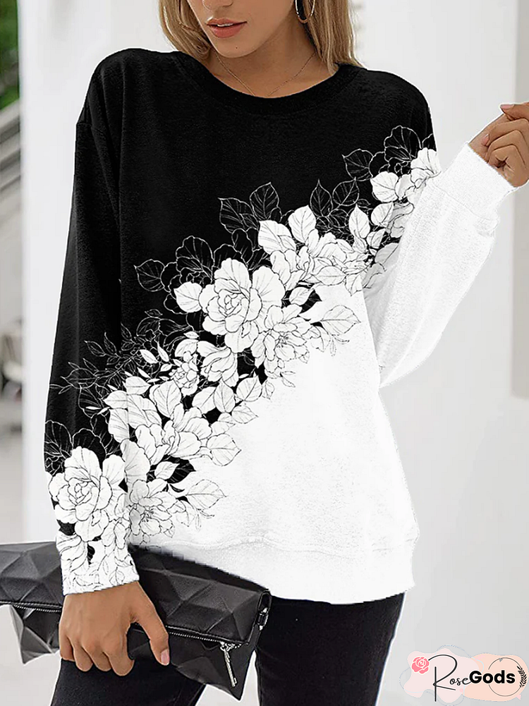 Long Sleeve Round Neck Black and White Mosaic Floral Print Sweater Top