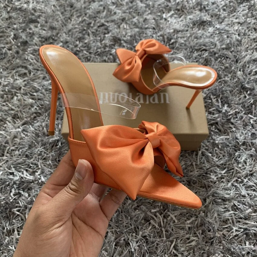 Butterfly-knot Women Sandals Mule high heels Slippers Sandals flip flops Pointed toe Strappy Ladies Slides Dress Party shoes