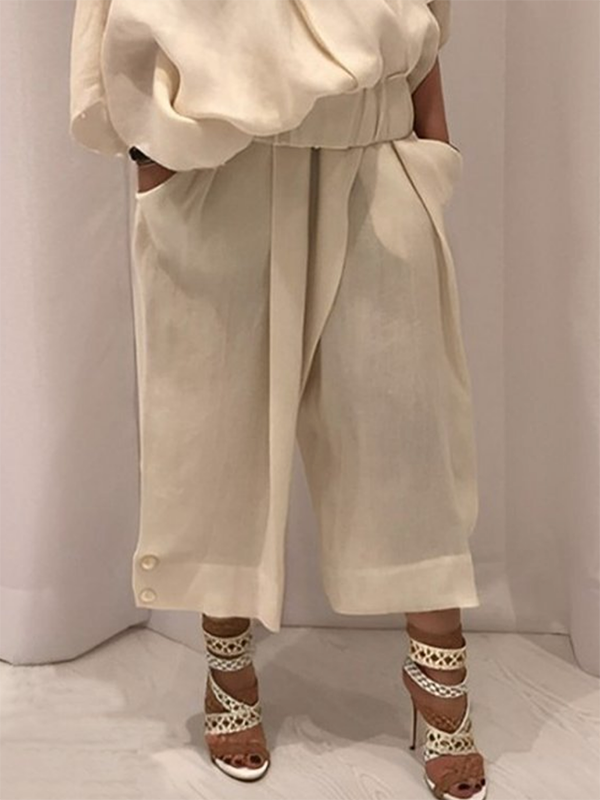 Buttoned Solid Color Loose Wide Leg Trousers Casual Pants Bottoms