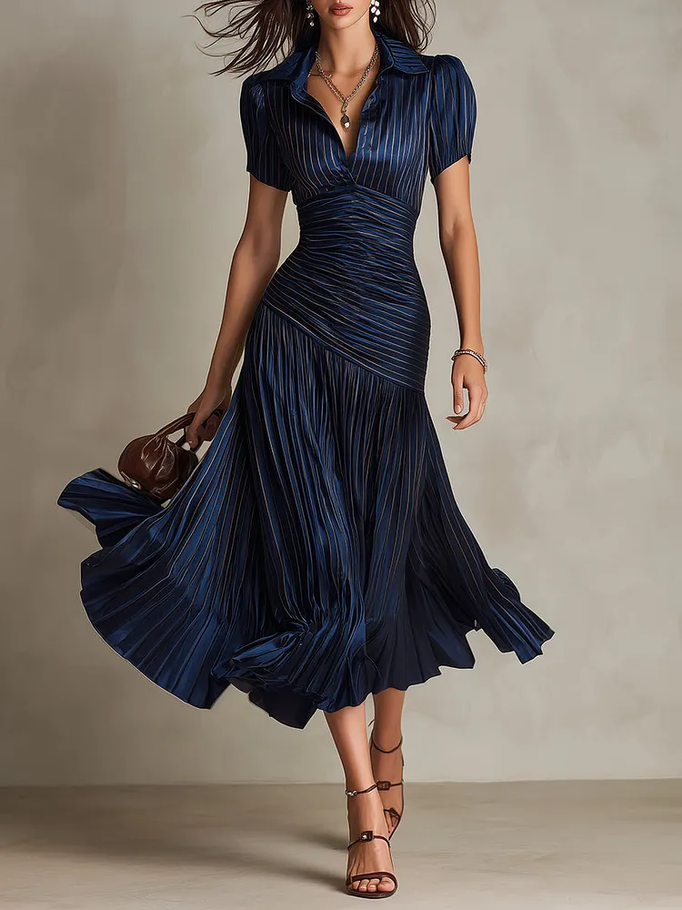 Retro Striped Satin Pleated Bodycon Midi Dress