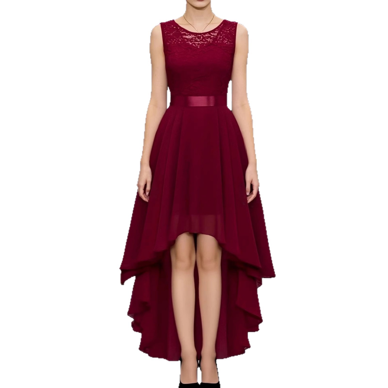 Solid Lace Sleeveless High-Low Party Dress