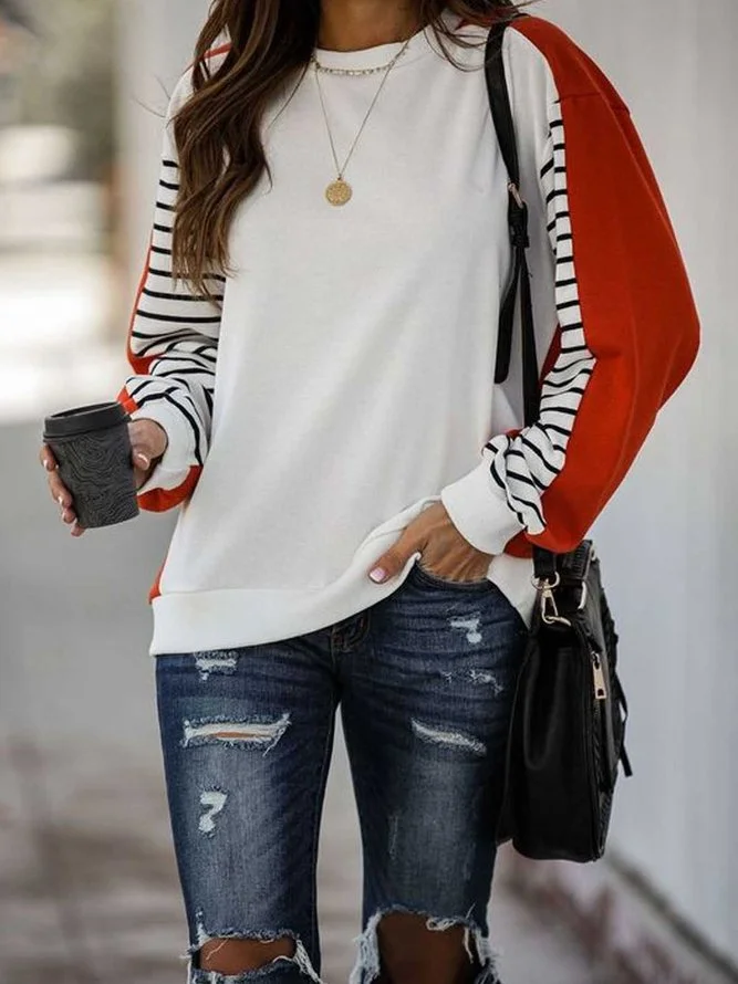 White Color-Block Casual Sweatshirt