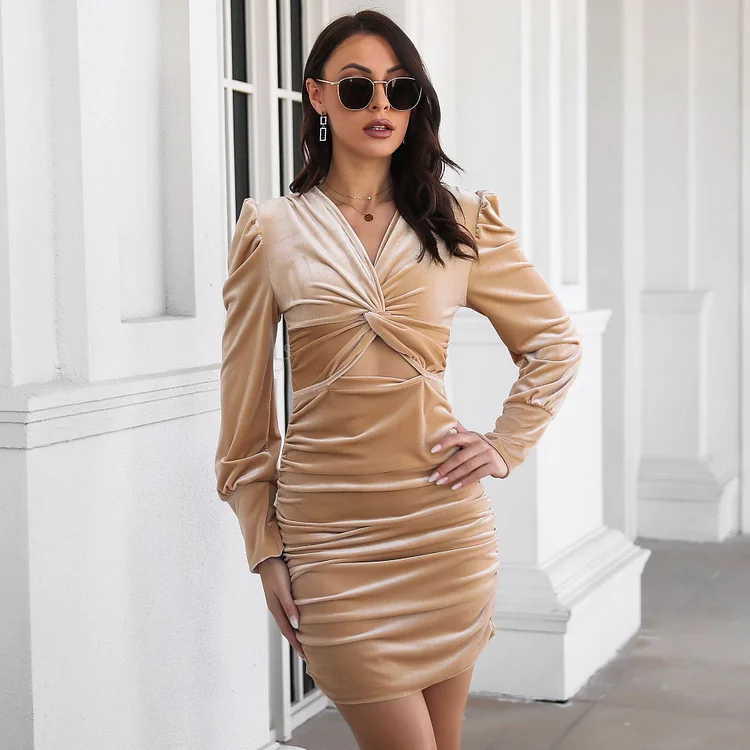 Twisted Puff Sleeves Ruched Solid Bodycon Dresses