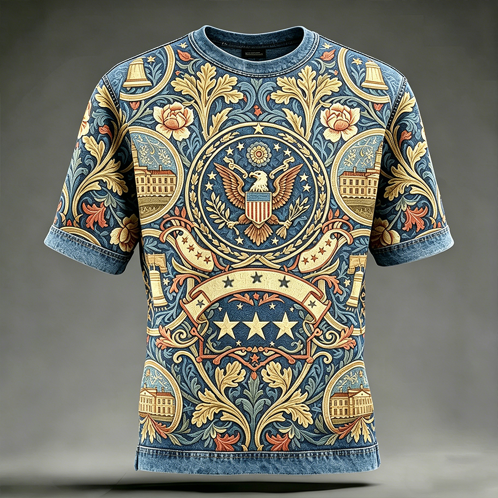 Comstylish Men's American Independence Day Commemorative Floral Print Mock Denim Short Sleeve Shirt