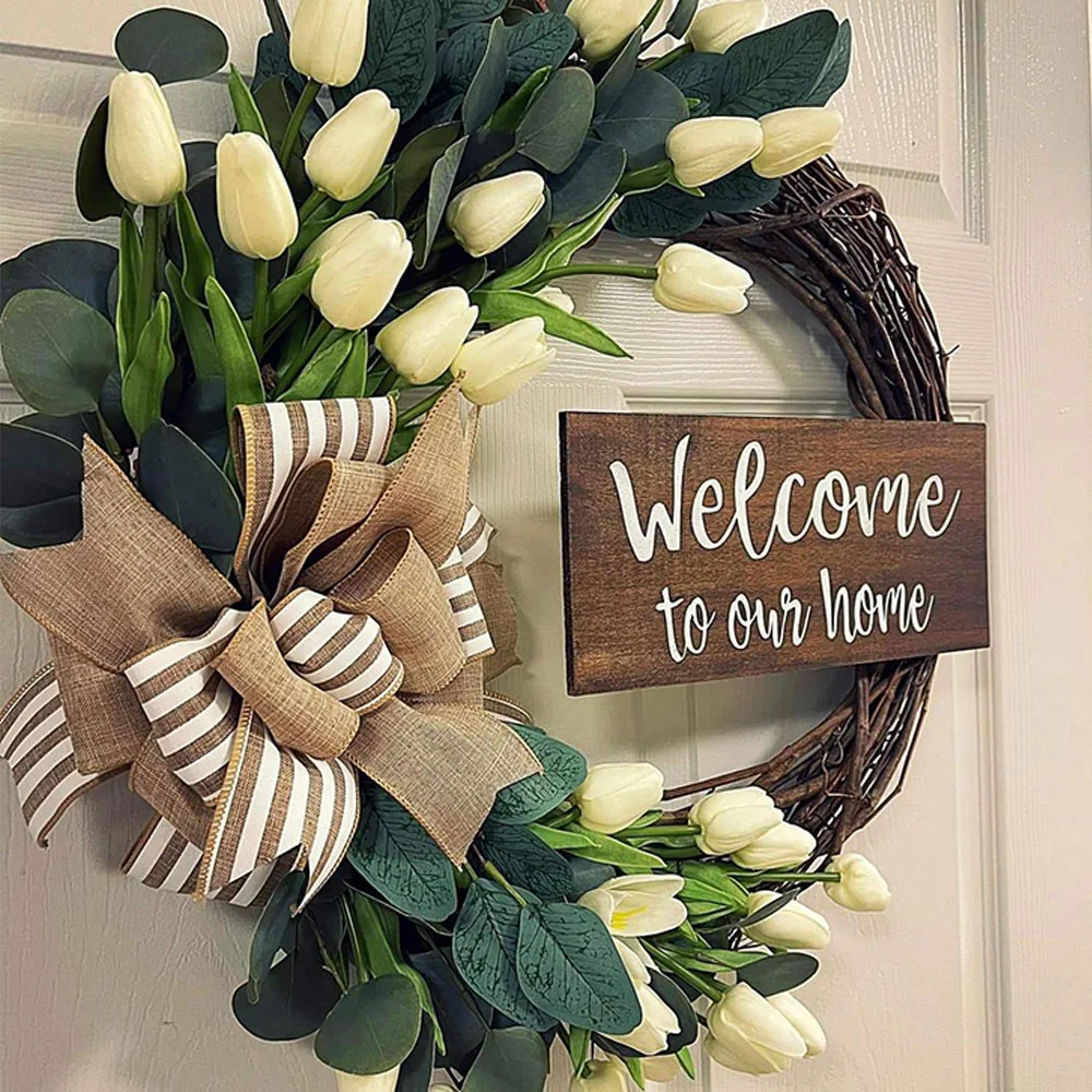 Wooden square brand rattan tulip simulation garland hanging decoration